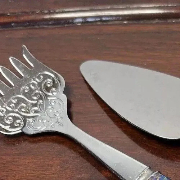 Cobalt blue Enamel Floral Charcuterie Fork & Spatula‎ Sheffield England - Picture 2 of 9